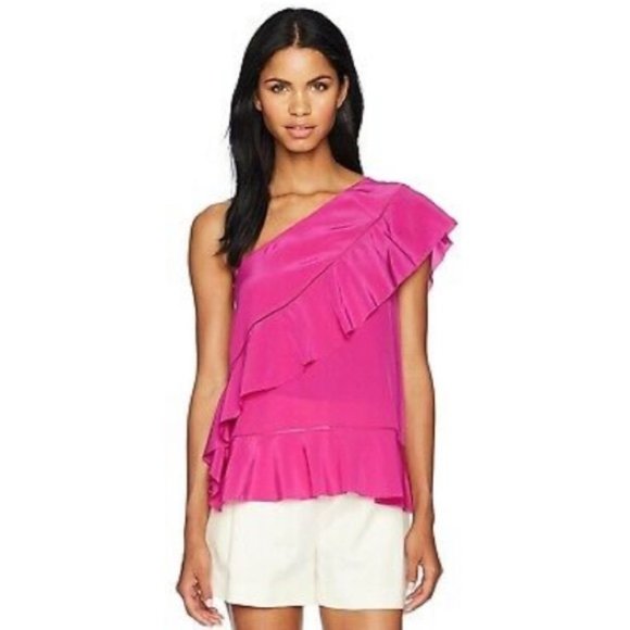 TRINA TURK LATANA ONE SHOULDER RUFFLED SILK BLOUSE - Picture 2 of 7